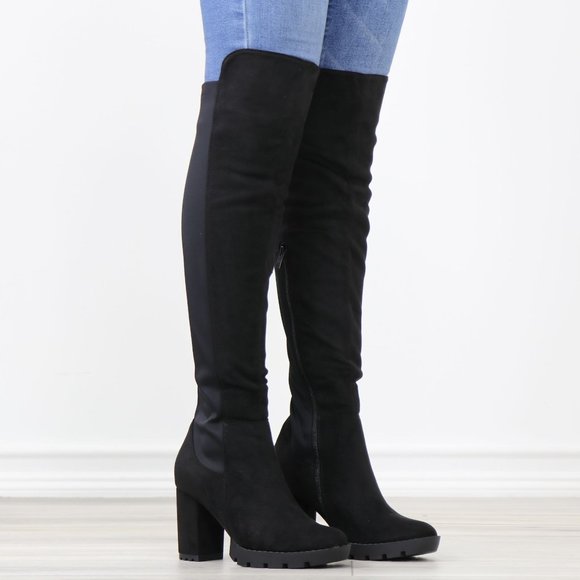Shoes - Black Faux Suede Round Toe Thigh High Over The Knee Lug Block Heel Boots